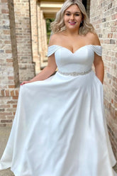 White Off-the-Shoulder A-Line Long Wedding Dress
